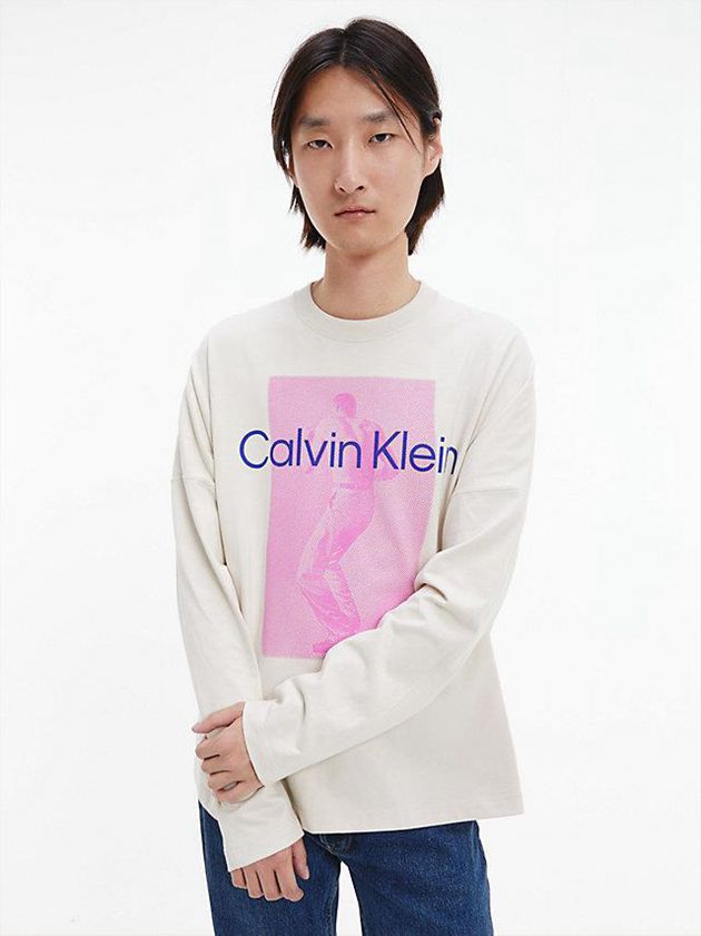 White Calvin Klein Unisex Printed Long Sleeve - CK Standards Men T-Shirt | YNSP-18269