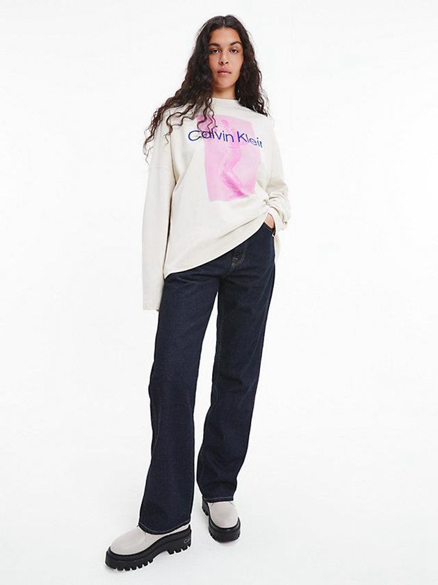 White Calvin Klein Unisex Printed Long Sleeve - CK Standards Men T-Shirt | YNSP-18269