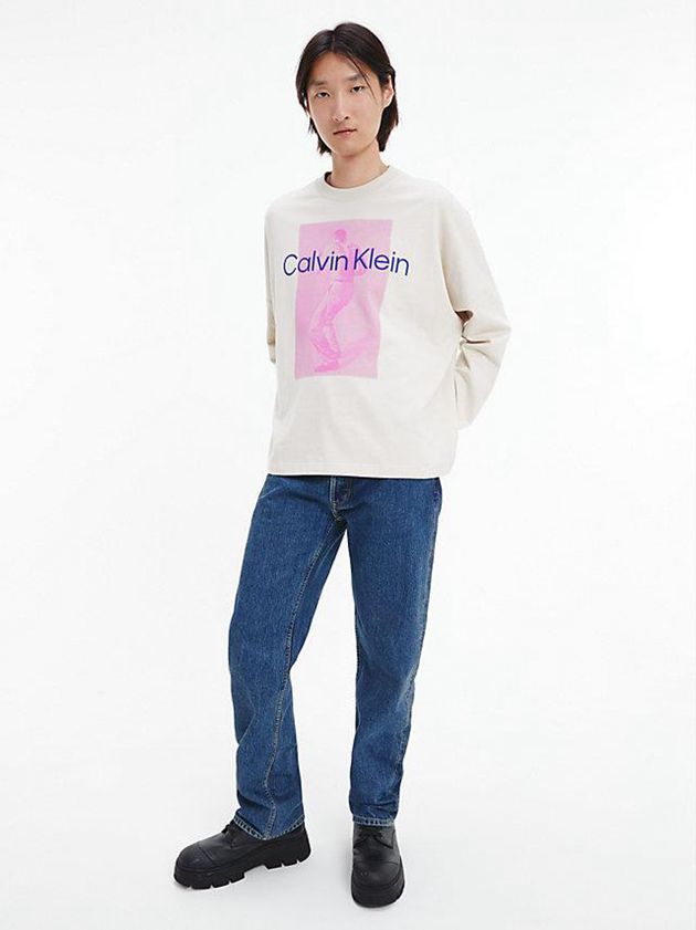 White Calvin Klein Unisex Printed Long Sleeve - CK Standards Men T-Shirt | YNSP-18269