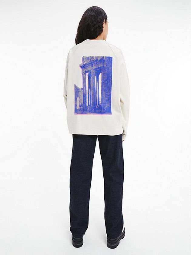 White Calvin Klein Unisex Printed Long Sleeve - CK Standards Men T-Shirt | YNSP-18269
