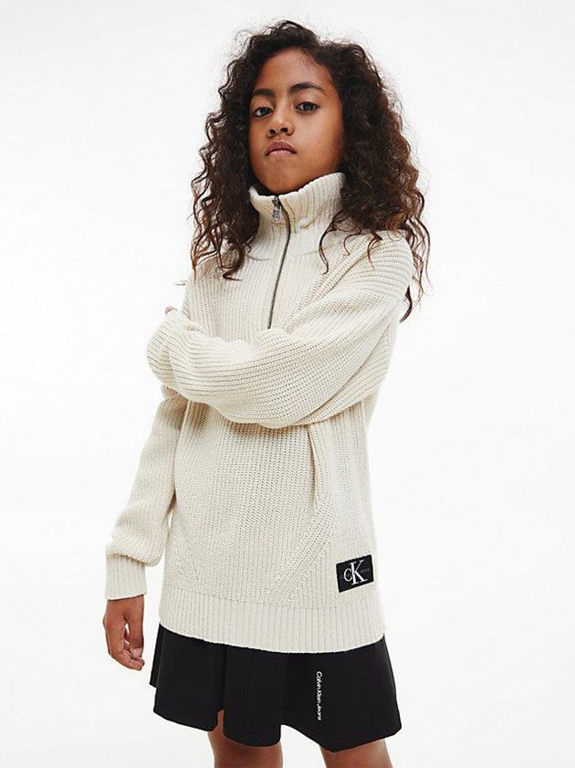 White Calvin Klein Unisex Zip Neck Jumper Girls's Sweater | MVFK-98450