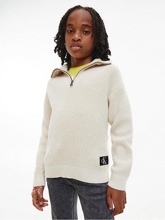 White Calvin Klein Unisex Zip Neck Jumper Girls's Sweater | MVFK-98450