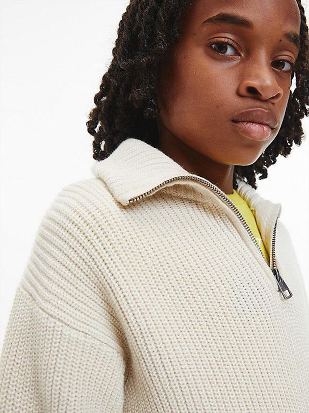 White Calvin Klein Unisex Zip Neck Jumper Girls's Sweater | MVFK-98450