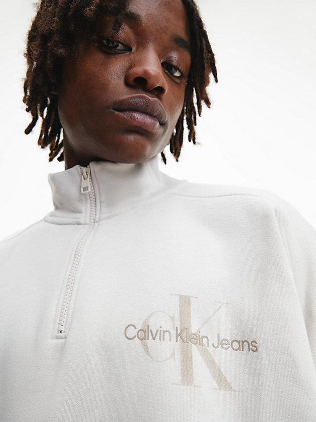 White Calvin Klein Unisex Zip Neck Men Sweatshirt | JVWY-59342