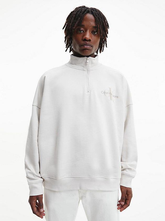 White Calvin Klein Unisex Zip Neck Men Sweatshirt | JVWY-59342