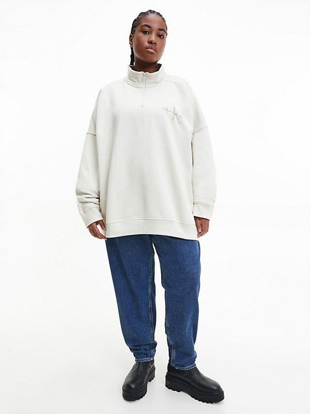 White Calvin Klein Unisex Zip Neck Men Sweatshirt | JVWY-59342