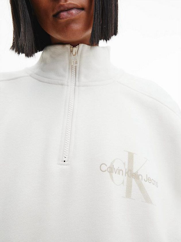 White Calvin Klein Unisex Zip Neck Men Sweatshirt | JVWY-59342