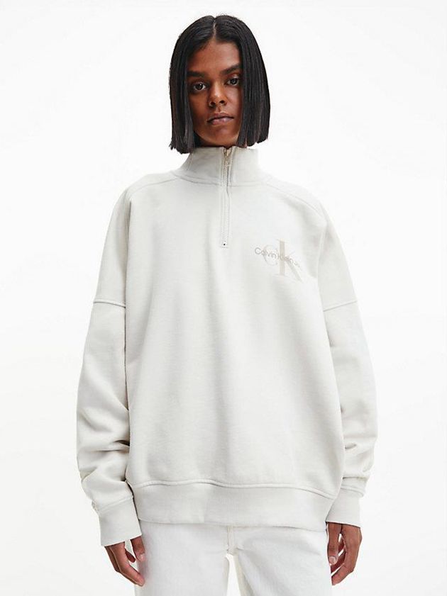 White Calvin Klein Unisex Zip Neck Men Sweatshirt | JVWY-59342