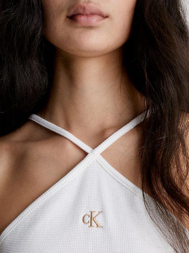 White Calvin Klein Waffle Cotton Halter Neck Women Top | DKQA-90125