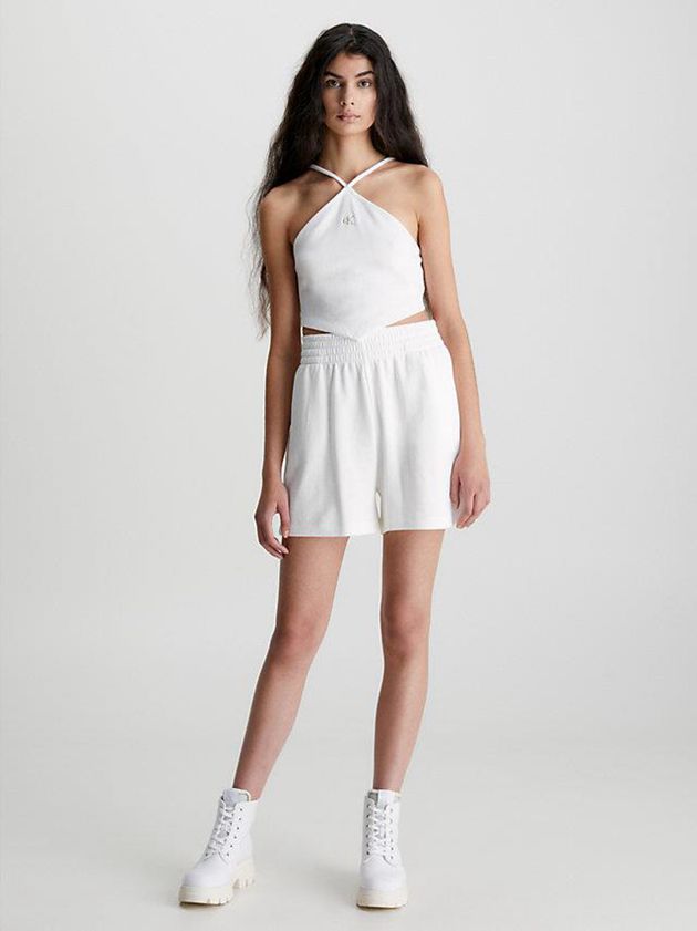 White Calvin Klein Waffle Cotton Halter Neck Women Top | DKQA-90125