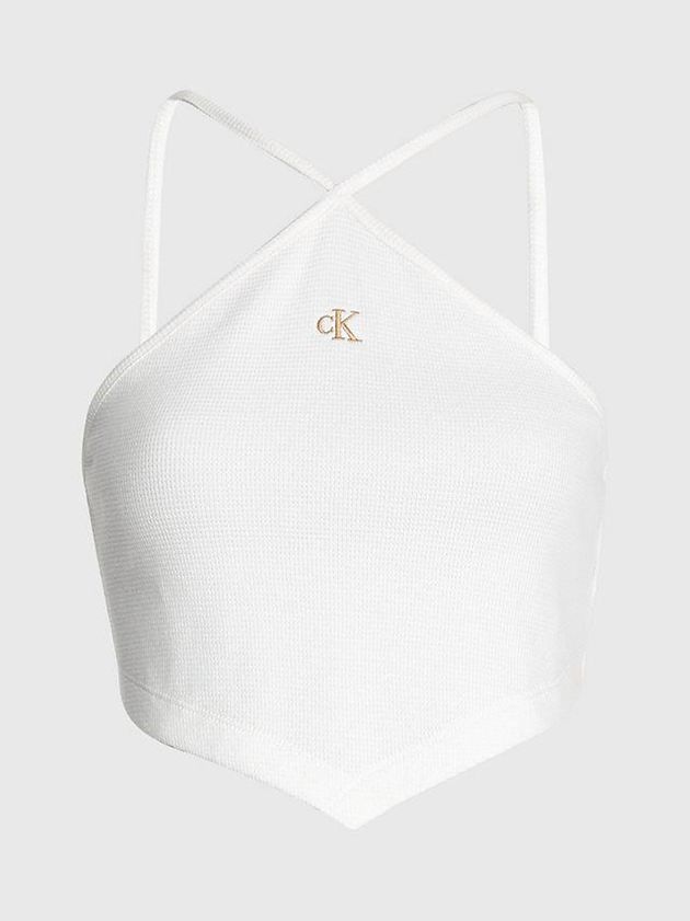 White Calvin Klein Waffle Cotton Halter Neck Women Top | DKQA-90125