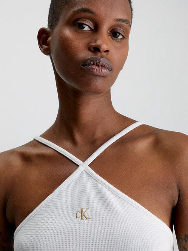 White Calvin Klein Waffle Cotton Halter Neck Women Dress | TZSO-05784