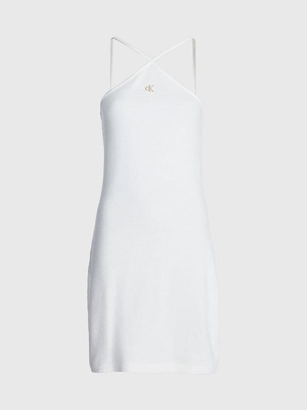 White Calvin Klein Waffle Cotton Halter Neck Women Dress | TZSO-05784