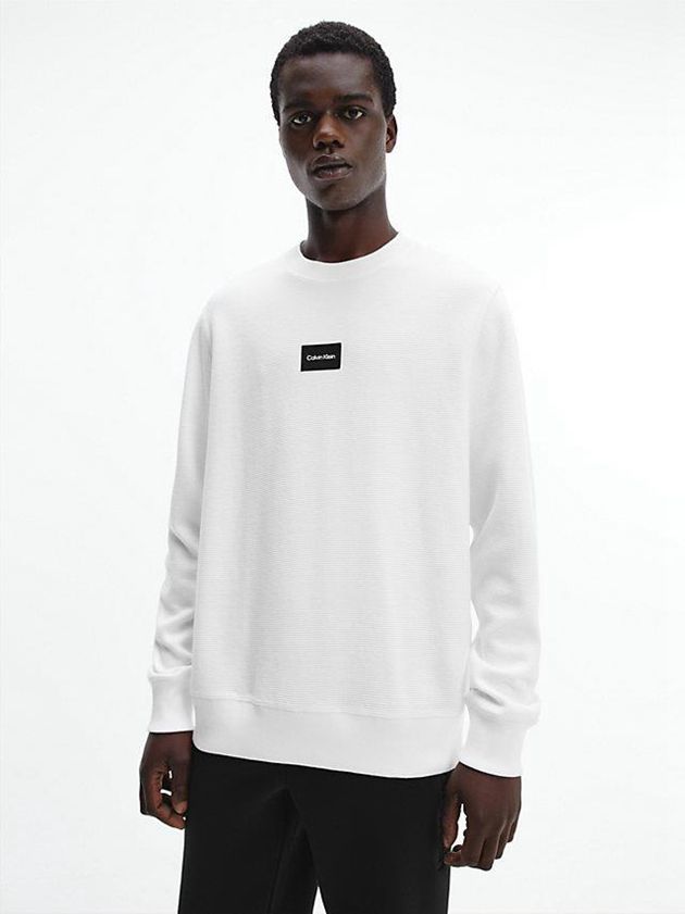 White Calvin Klein Waffle Knit Men Sweatshirt | PEMY-98107